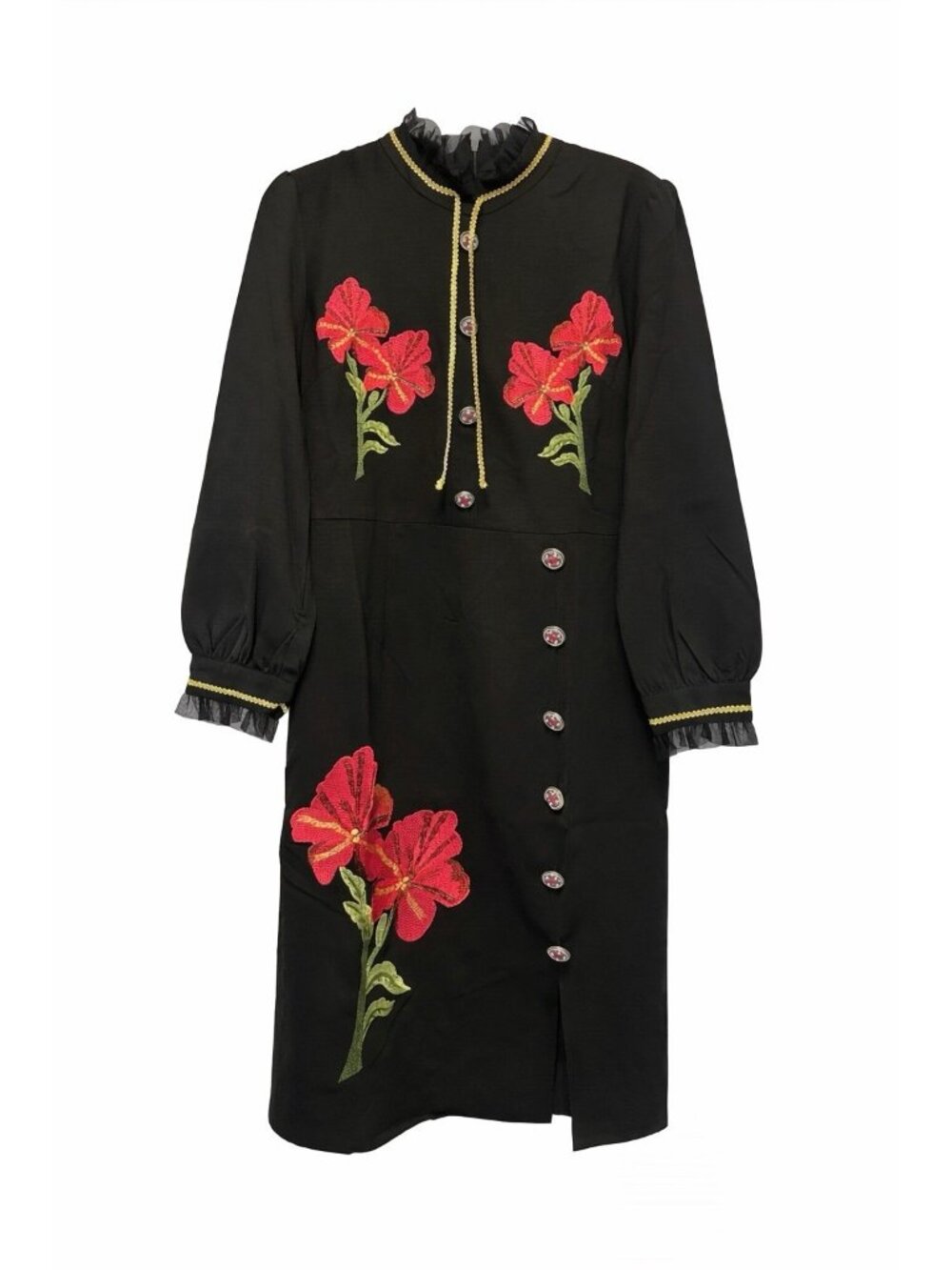 Burryco Black Embroidered Floral Dress Sz 10 Pink Flowers Button Midi NWT As Is